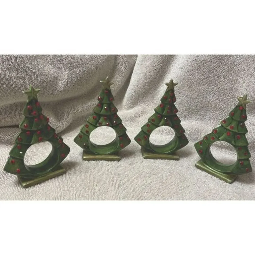 Vintage Handcrafted‎ Christmas Tree Napkin Rings Green Ceramic Set of 4 Pcs